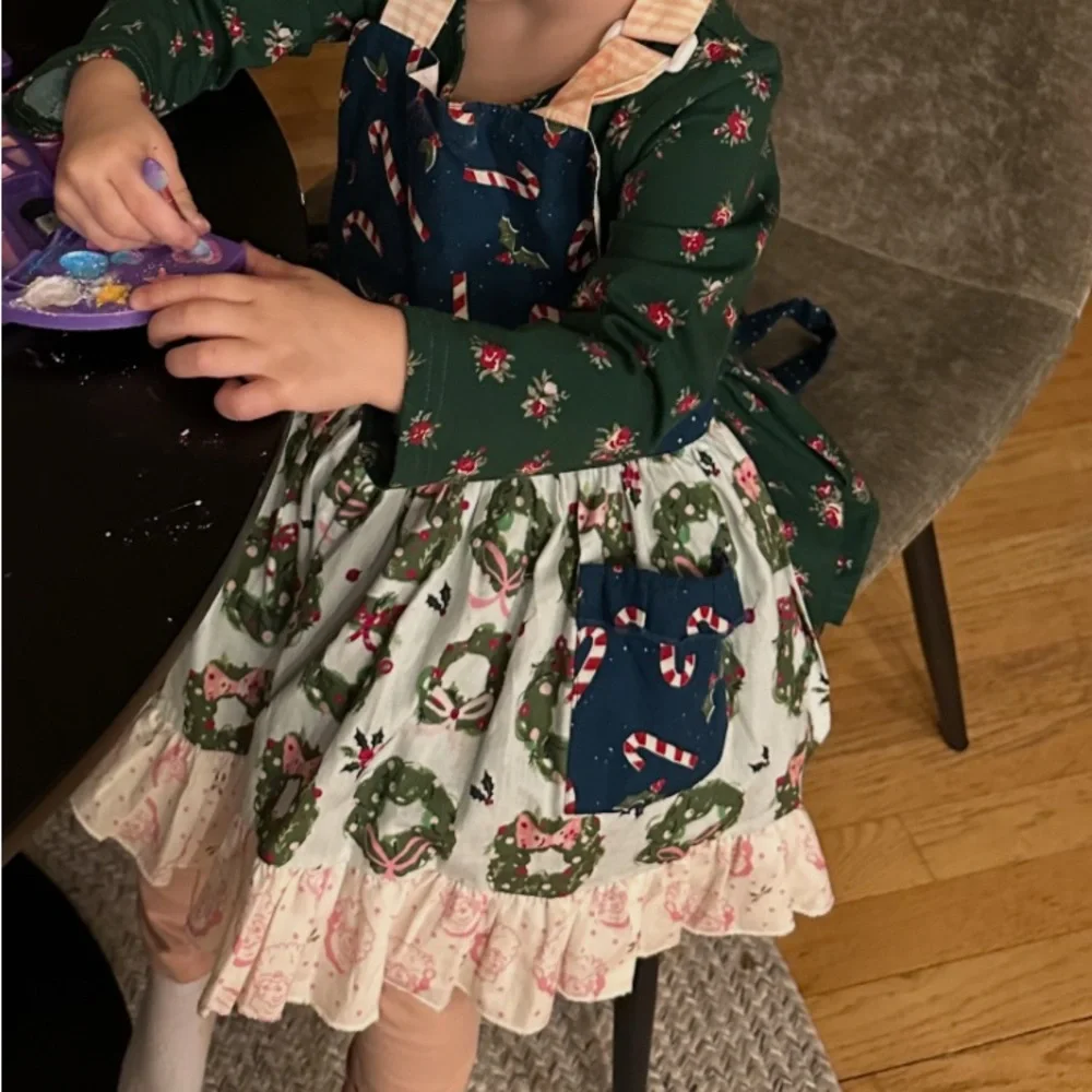 SweetHoney Holiday Green and Cream Dress and Apron - Picture 1 of 5